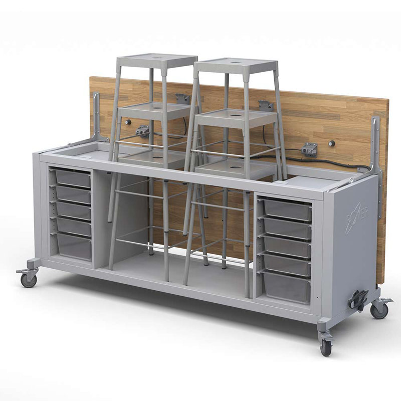 Explorer Rover Table With Butcher Block Retractable Top, Storage, 2 Bin Modules with Bins, 6 Stools & Power Unit, Light Grey