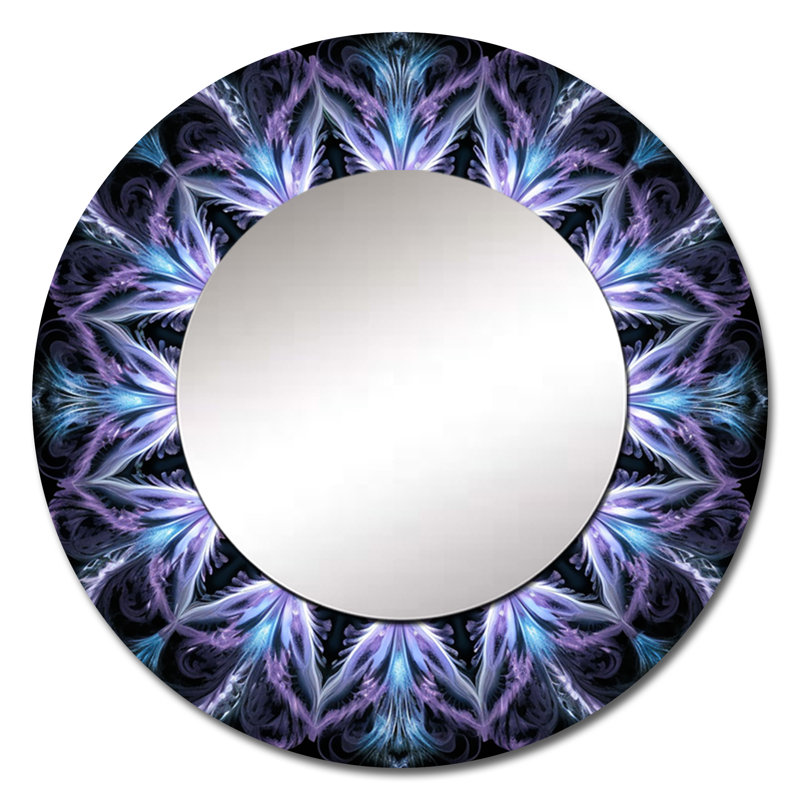 Turquoise et blanc fractal fleurs IV - miroir géométrique, miroir mural rond turquoise, art imprimé en métal, 29 po x 29 po