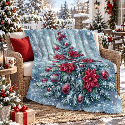 Plaid de fleurs de Noël avec motif de poinsettias et de sapin, 127 x 152 cm. Livré avec deux taies d'oreiller (garnitures non comprises).