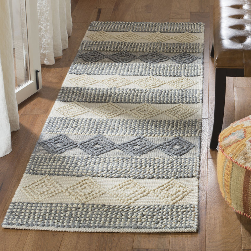 Tapis en laine / coton tissé à la main jacquard en ivoire / gris jacques, Tapis de couloir 2 pi 3 po x 10 pi
