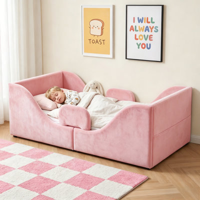 Toddler Bed, Child Bed for Kids with Extra Safty Broad, Standard Crib Size Toddler Bed, Certified Fabric Toddler Beds,Toddler Flood Bedwith Detachable Guard Rails, Standard Crib Size for kids Ages 1–6 (Pink)