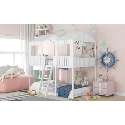 Full Over Full Woodbunk Bed With Roof, Window, Guardrail, Ladder(White)