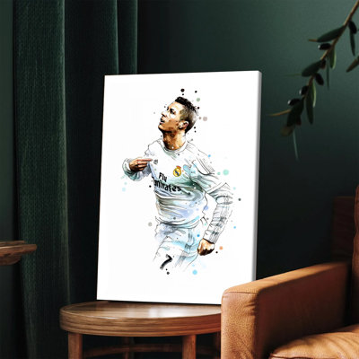 1PC Wall Arts Posters Framed, Cristiano Ronaldo Real Madrid Watercolor Art Canvas Print Football Star Sports Decor Wall Art for Bedroom Living Room Office Man Cave Fan Gift Modern Home Decoration