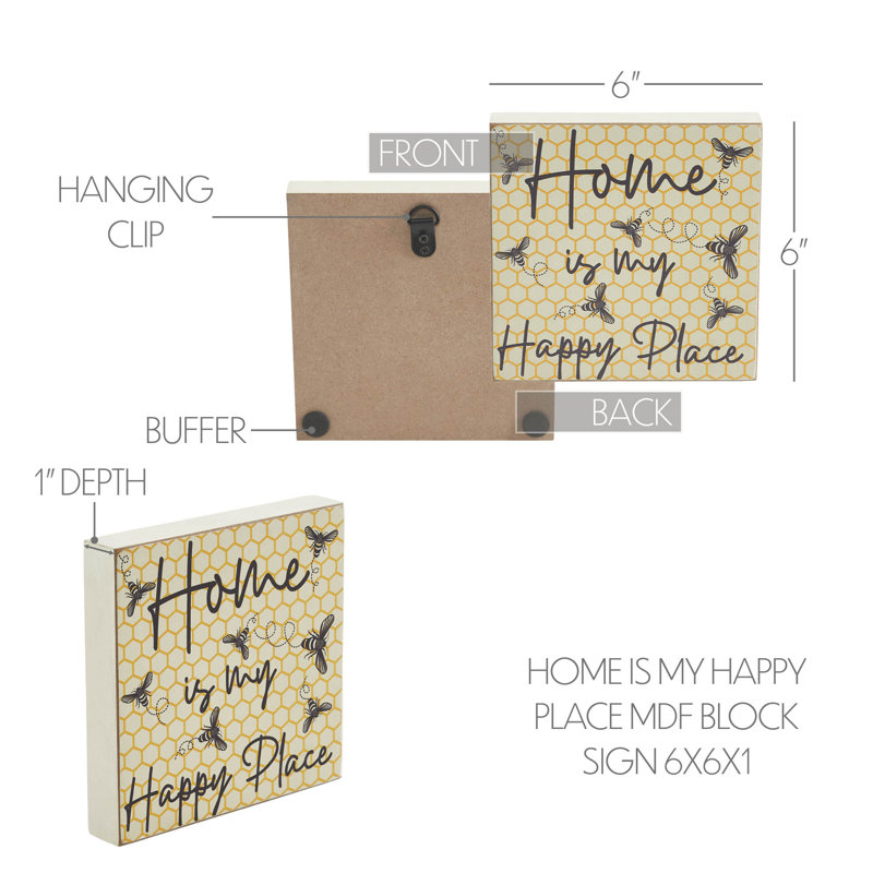 Panneau en bois aggloméré Buzzy Bees Home Is My Happy Place 6 x 6 x 1