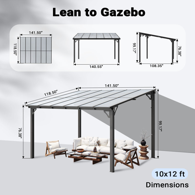 10 ft. W x 12 ft. D Hardtop Sloping Roof Pergola Gazebo, Outdoor Aluminum Frame Pergola for Patio or Backyard, 12x10 FT