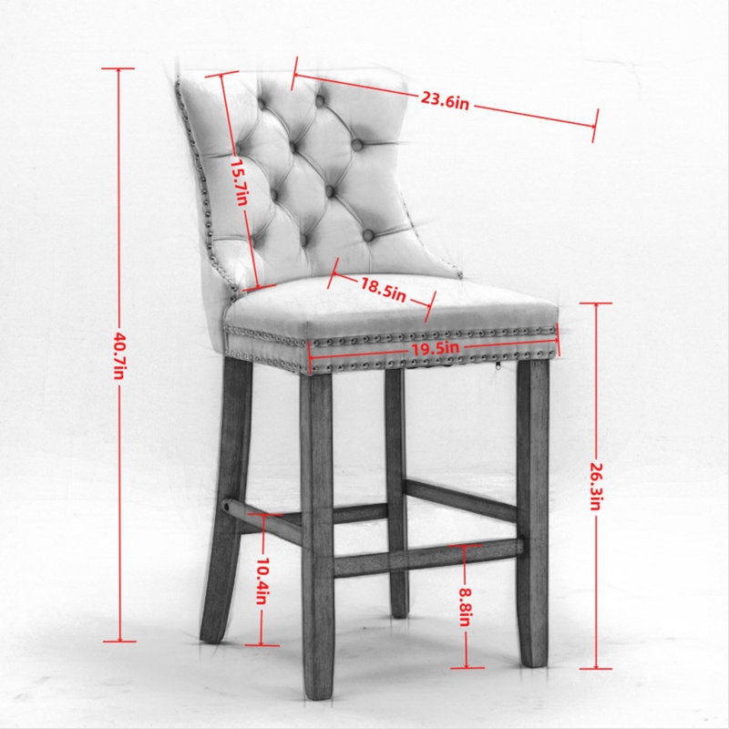 Velvet Upholstered Barstools with Button Tufted Decoration and Wooden Legs, Gray