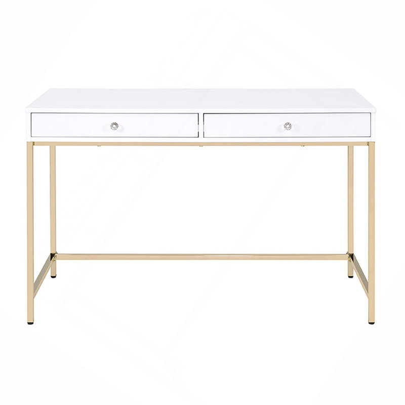 Desk, High Gloss & Gold Finish Writing Desk, White