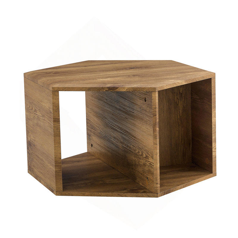 Hexagonal MDF coffee table, characteristic pattern stickers, 14" H x 25" L x 21.6" W