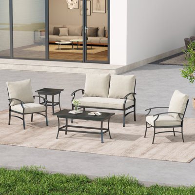 Nickita Outdoor Metal 4-Person Patio Set With Two Tables And Cushions
