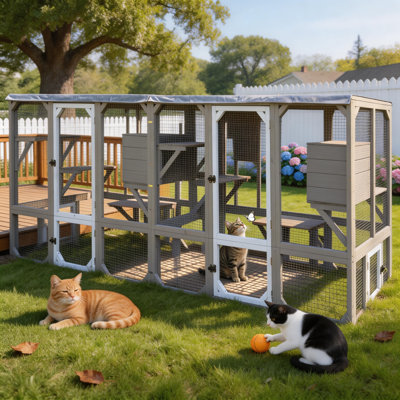Large Catio Outdoor Cat Enclosure Window Access, Wooden Kitty Cage With Resting Room & 3 Platforms For Multiple Feral Cats, Cat House Attached To Window, Pet's Door For Patio Indoor