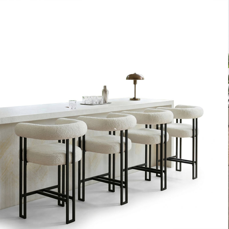 Modern Bouclé Upholstered Counter Height Bar Stools With Arms, Black Metal Frame Kitchen Island Chairs