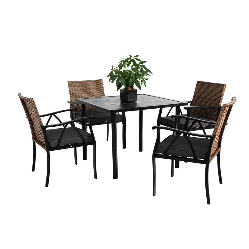 5 Outdoor Table And Chairs - & Comfortable Patio Dining With Square Steel Tabletop Umbrella Hole For Balcony Deck Front Porch Area