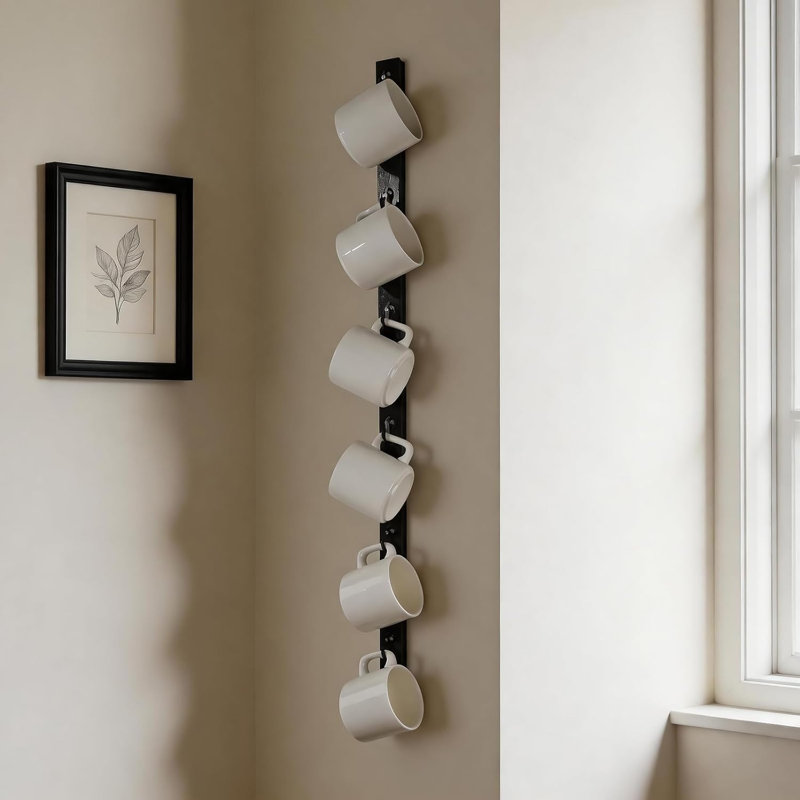 Wall Mounted Coffee Cup Holder - Slim Design Mug Rack with 6 Hooks | Coffee Mug Wall Rack,Space-Saving Organizer- Holds Multiple Cups,Versatile Display