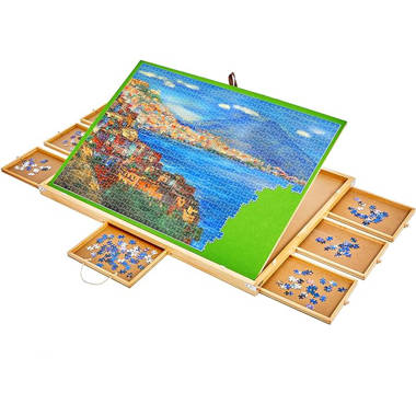 GOME 2000-piece Large Portable Wooden Puzzle Board with 8 Sorting Drawers &  Hard Cover