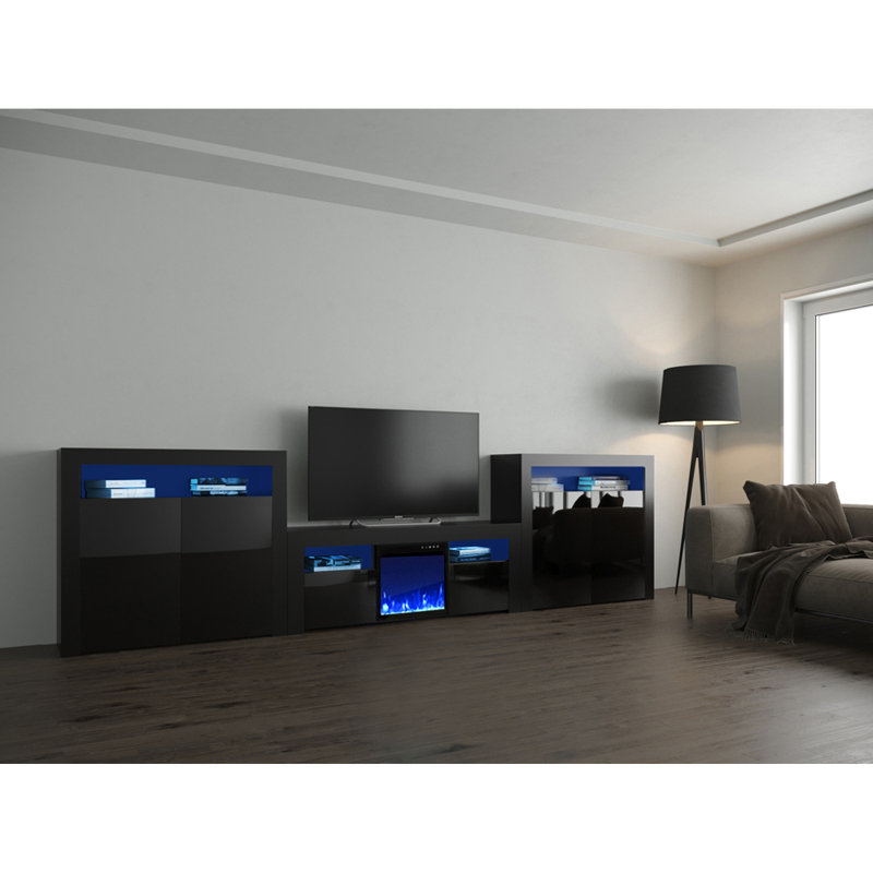 Meuble audio-vidéo pour téléviseur de 65 po ou moins avec foyer Rimsha, Noir