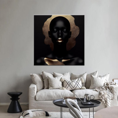 Golden Lip Black Woman Canvas Art: African Glass Wall Decor Print,1P BlackFramedCanvas