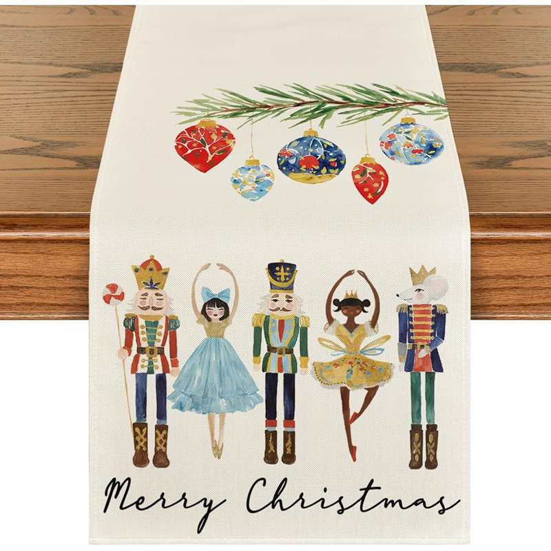 Chemin de table aquarelle, casse-noisettes, boules de Noël, joyeux Noël, décoration de table de salle à manger des fêtes