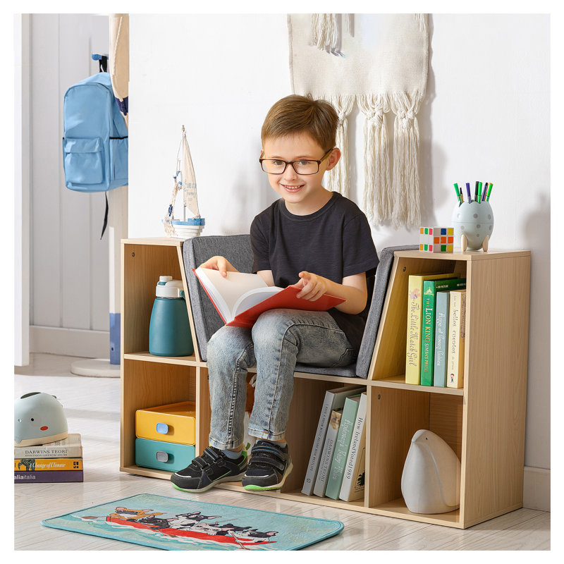 Bibliothèque pour 6 enfants avec coin lecture et siège rembourré, rangement en bois aggloméré naturel, Natural