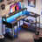 Reversible L Shaped Gaming Desk with Drawer, LED Lights & Power Outlets, Corner Computer Desk with Shelves & Monitor Stand-256461491-256461489
