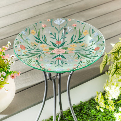 Folk Art Floral Glass Birdbath, 18in