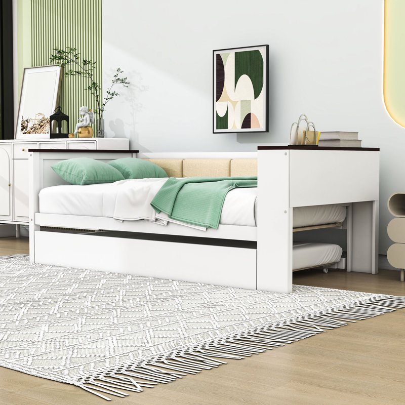 Modern Daybed with Twin Trundle, Built-in Shelves, Upholstered Backrest and Charging Station, Twin