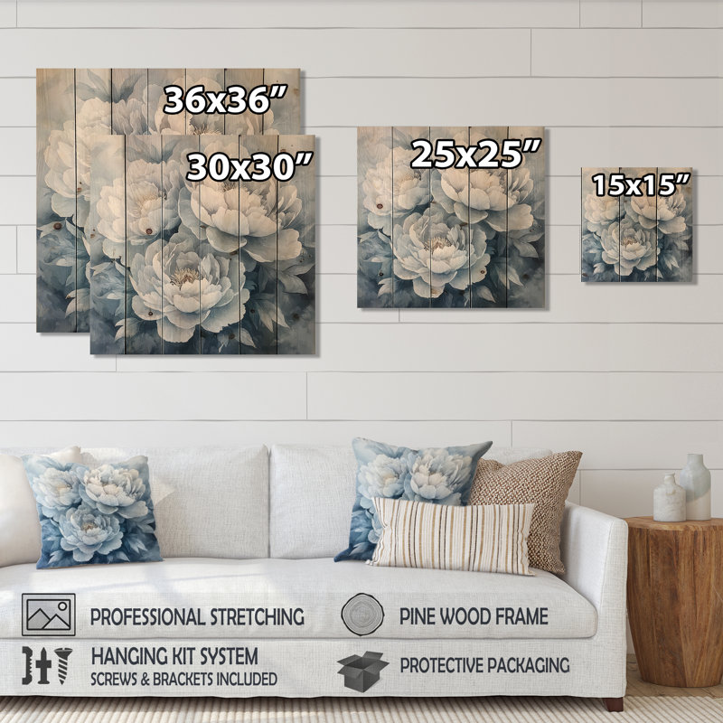 Pivoine monochrome givrée I - pivoines, art mural en bois - sur bois de pin naturel, H 25 po x l 25 po x P 0,78 po