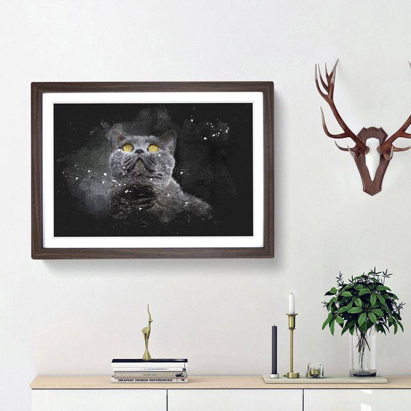 British Shorthair Cat In The Shadows Paint Splash - Picture Frame Graphic Art, Walnut Framed, 62cm H x 87cm W x 2cm D