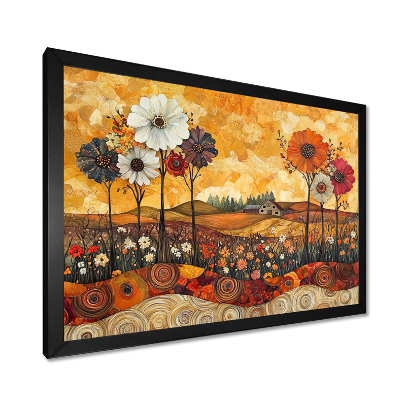 Assortiment de bouquets de fleurs, paysage de grange I - campagne, art mural, H 12 po x l 20 po, Cadre simple, Noir