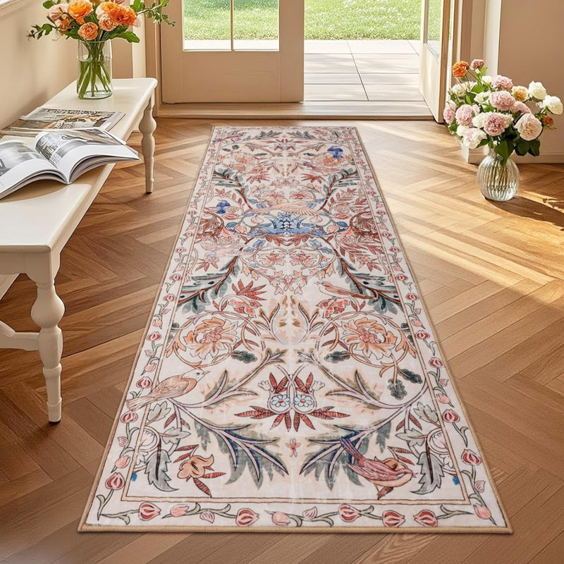 Rectangle 60 cm x 180 cm Floral Faux Fur Area Rug, Pink