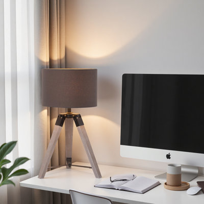 18" Industrial Wood Tripod Table Lamp with Linen Drum Shade and Metal Accents, cULus Certified for Bedroom Nightstands, Living Room Side Tables, Home Offices or Modern Decor