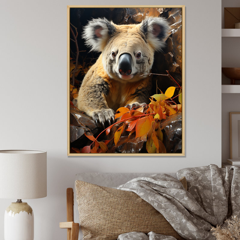 Koala Bush Retreat 2 - Koala Animal, art mural, Cadre flottant brun, 44" H x 34" W