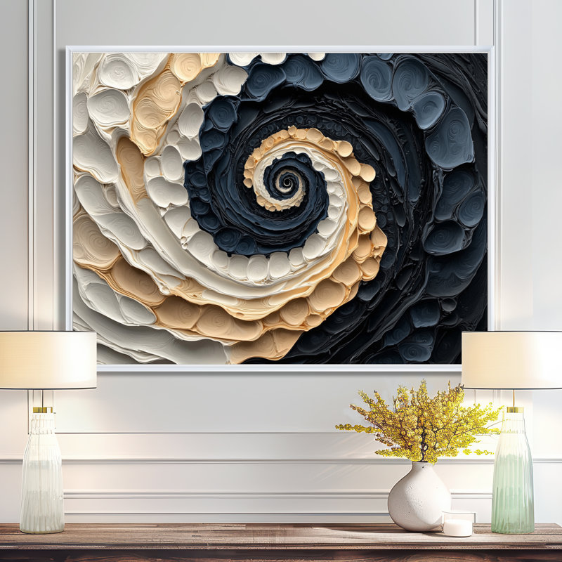 Abstrait Vortex cosmique noir et blanc II - Collages abstraits, art mural, H 24 po x l 32 po, Cadre flottant, Blanc