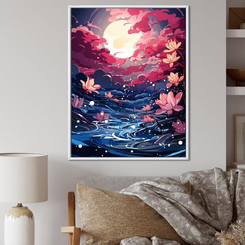 Abstrait lys roses sous une lune brillante sur toile, H 20 po x l 12 po x P 1 po, Cadre flottant blanc