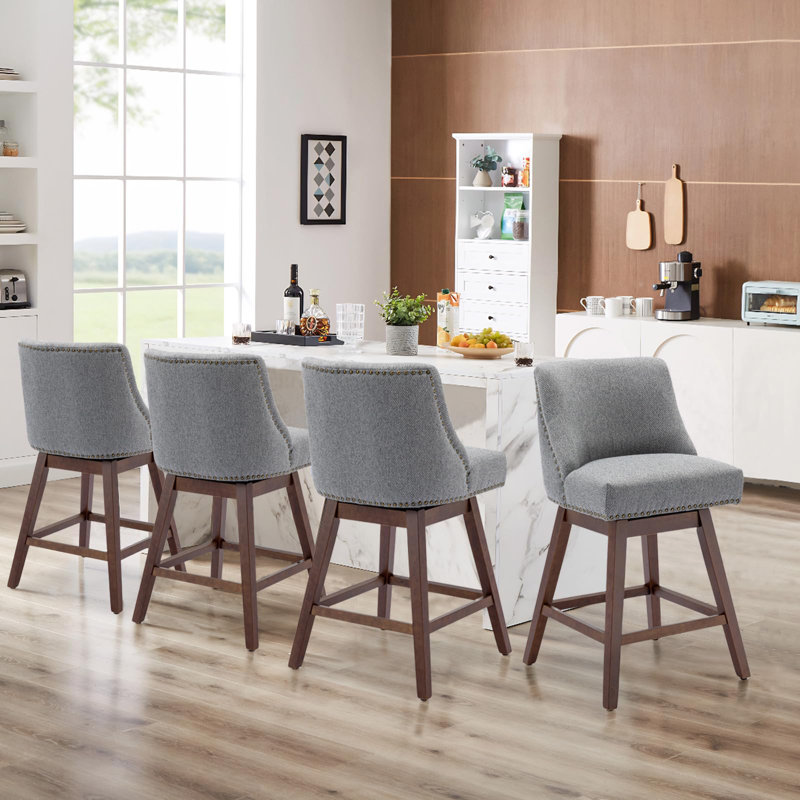 Tabouret de bar de cuisine pivotant en lin avec pieds en bois massif, gris, Gris