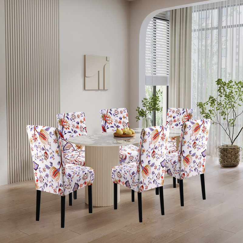 Housses de salle à manger extensibles, housses de chaises de salle à manger, ensemble de 6, Motif floral blanc / rose