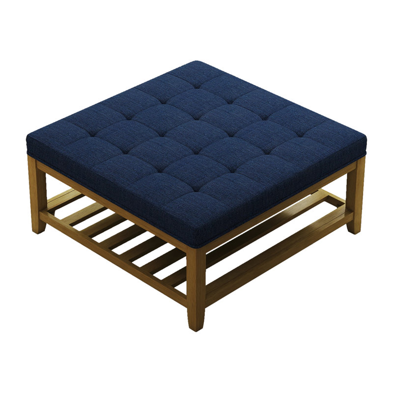 32" W Tufted Solid Wood Square Cocktail Ottoman with Storage Shelf- Navy, Navy Blue,  32'' x 32'' x 18.5''