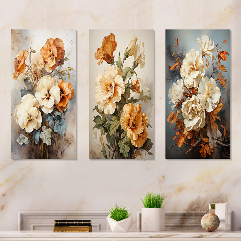 Sephia Vintage Pensies Embrace - Pensées, ensemble de 3 reproductions d'art en métal, H 32 po x l 48 po