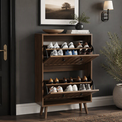 Meuble à chaussures moderne de style médiéval avec finition rainurée verticale, meuble de rangement à chaussures de 60 cm de haut avec deux tiroirs basculants pour couloirs, passages et entrées