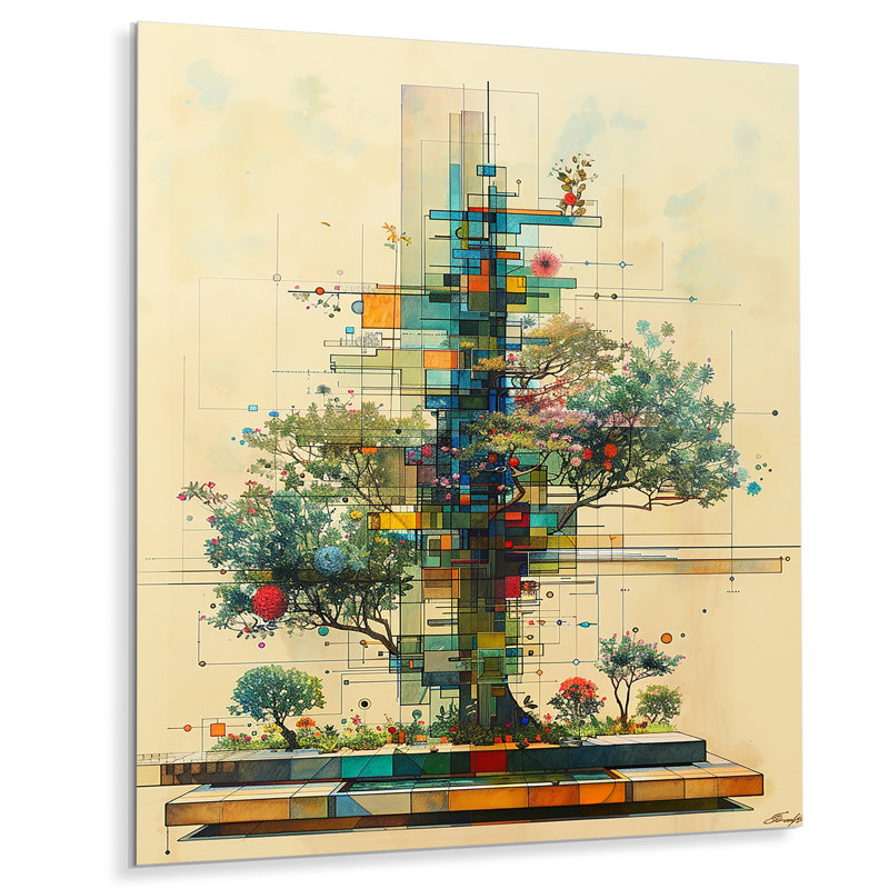 Dessin d'arbre géométrique rétro - botanique, art mural, Métal métal, H 40 po x l 30 po x P 1,5 po