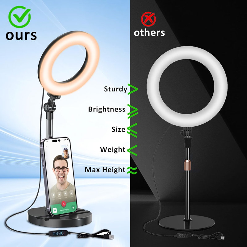 Anneau réglable avec support télescopique, lumière de bureau USB à intensité variable de 5 pouces pour les appels vidéo, diffusion en direct, Selfie, maquillage, Zoom, Tiktok, bobines, photographie