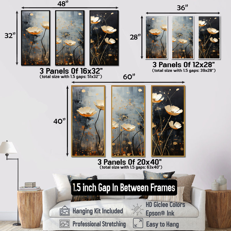 «Gilded Garden Blooming Meadows I», ensemble d'art sur toile, Cadre flottant noir, H 40 po x l 60 po x P 1 po