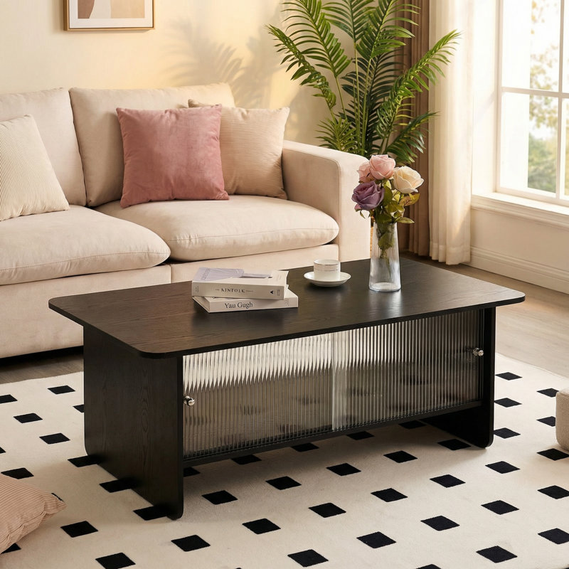 Table basse moderne et minimaliste avec porte coulissante en verre pour le salon, la chambre à coucher ou le bureau, assemblage facile, finition noire