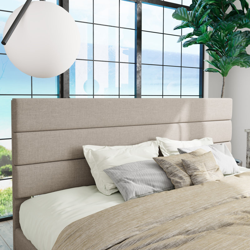 Lit plateforme Elison avec tête de lit tapissier en tissu et lattes en bois, Très grand, Grège