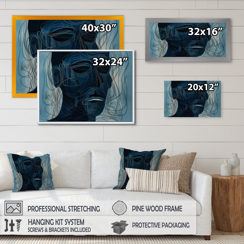 Portrait linéaire d'un homme II sur toile, H 12 po x l 20 po x P 1 po, Cadre flottant doré