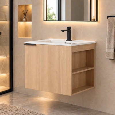Meuble-lavabo moderne 24 po avec lavabo en céramique blanche Ebern Designs Elmridge - tablettes ouvertes à droite
