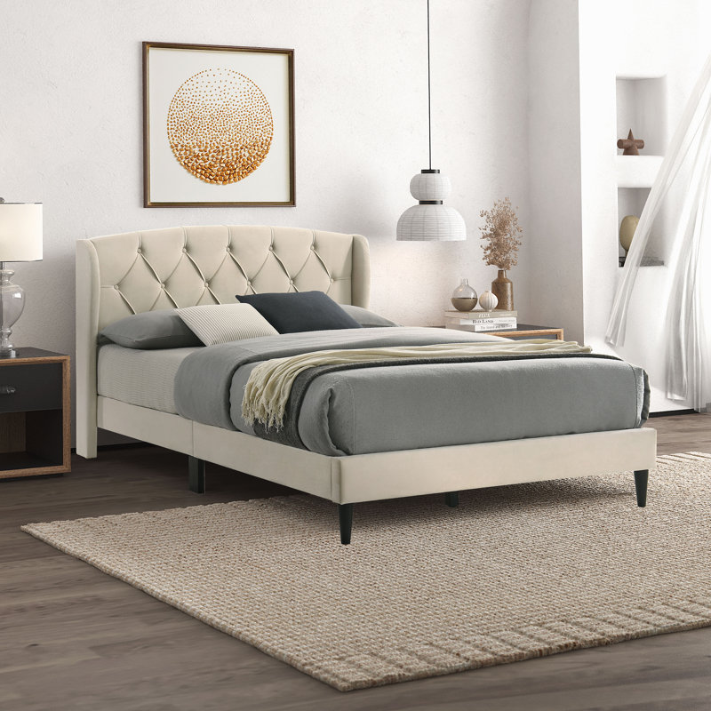 Aurella Upholstered Wingback Bed with Headboard, Queen