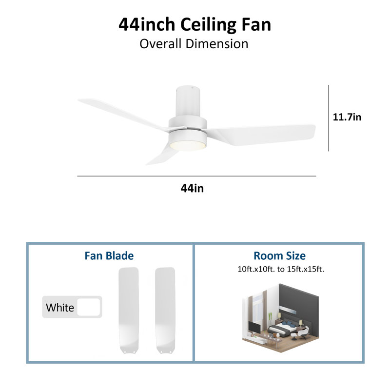 Ventilateur de plafond intelligent à 3 pales de 44 pouces avec moteur à courant continu et télécommande., White, White