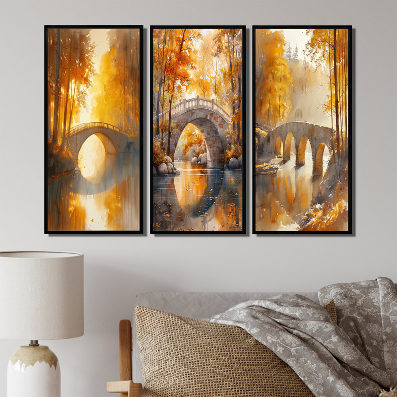 Jaune et beige, automne, rivière de beauté I - Collection d'art mural Bridges, H 40 po x l 60 po, Noir