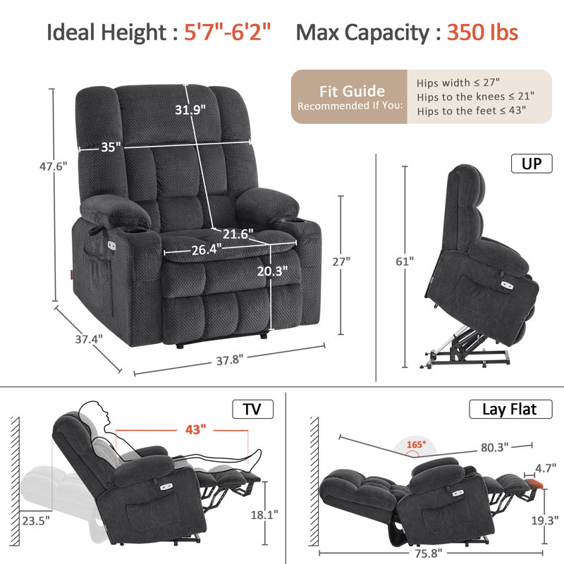 Fauteuil inclinable à deux moteurs l 26,4 po à position allongée avec chauffage et massage, tissu, Gris foncé