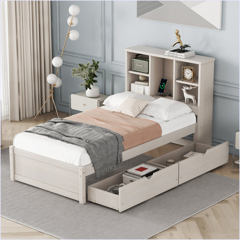 Modern Twin Size Bed Frame With Built-In USB Port On Bookcase Headboard And 2 Drawers, White Washed